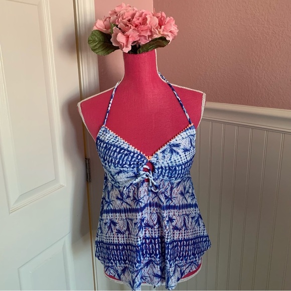 👗Halter Blue White Juniors 2-piece Netted Top, size 11-13 L - Picture 1 of 6